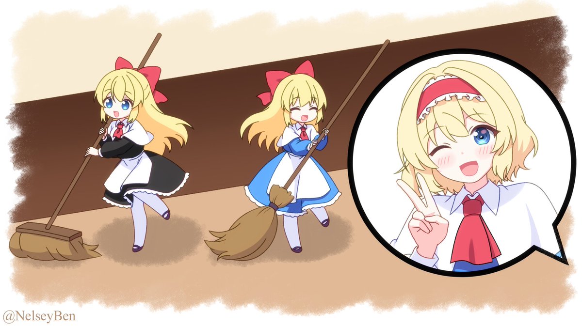 NelseyBen's tweet photo. Was motivated to draw new art featuring Alice's dolls 🙏
I figured they'll be even cuter if they used oversized brooms 👀
*2160p: https://t.co/SjOj0ndwEG https://t.co/ayD2f1CloJ