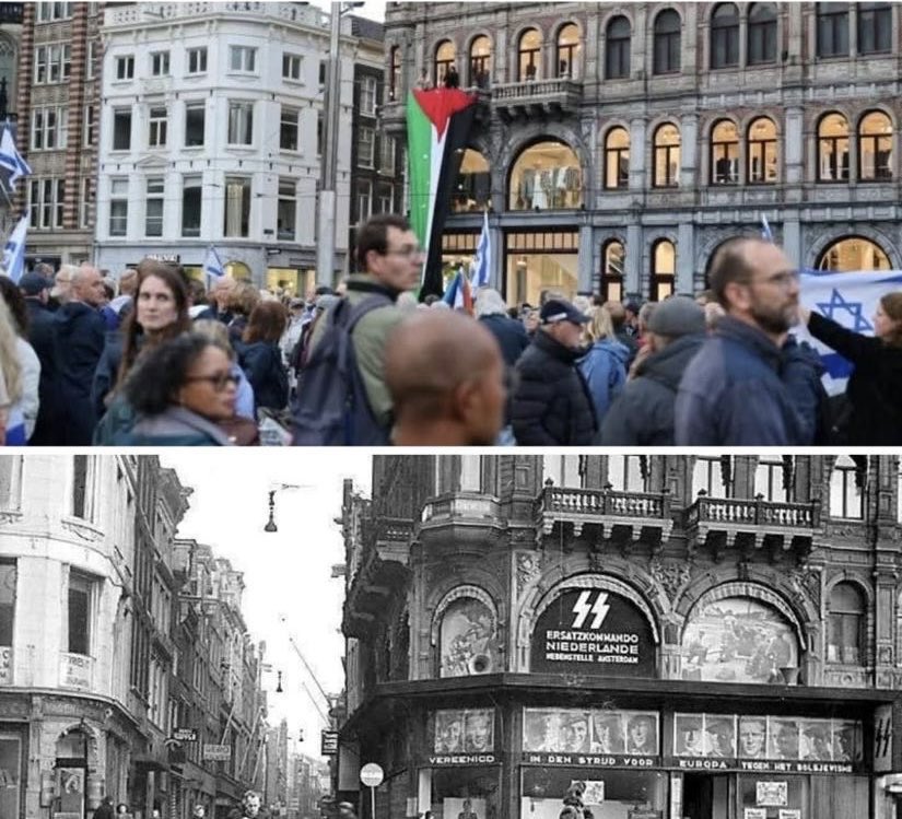Liberaal020's tweet photo. Hetzelfde gebouw, gevangen in een ander moment van de tijd.
“Ze zijn terug en niet teruggefloten
Hetzelfde slag, een andere vlag, maar hetzelfde lied.”
#Amsterdam #DeDam #Israelmanifestatie #Palestina #StopAntisemitism https://t.co/XpLLLjcD2q