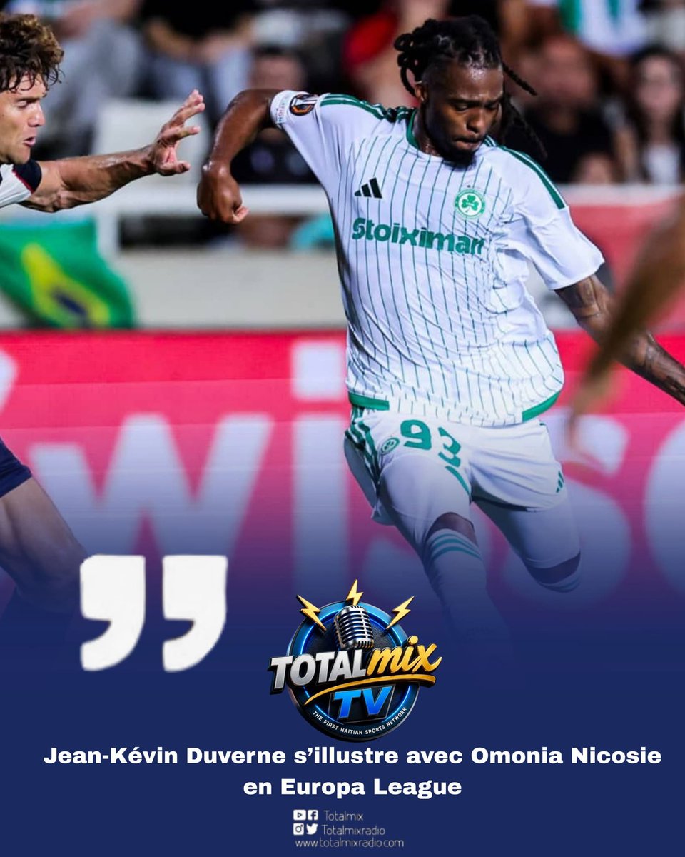 TOTALMIXNETWORK's tweet photo. Jean-Kévin Duverne a livré mercredi une prestation défensive solide avec l’Omonia Nicosie, vainqueur du Celta Vigo (1-0) en Europa League.

Le défenseur haïtien a remporté ses 7 duels disputés, tout en enregistrant 10 contributions défensives, 3 tacles réussis, 4 récupérations et un tir bloqué. 

Une performance complète qui a contribué au succès de l’Omonia Nicosie pour ses débuts en Europa League.
