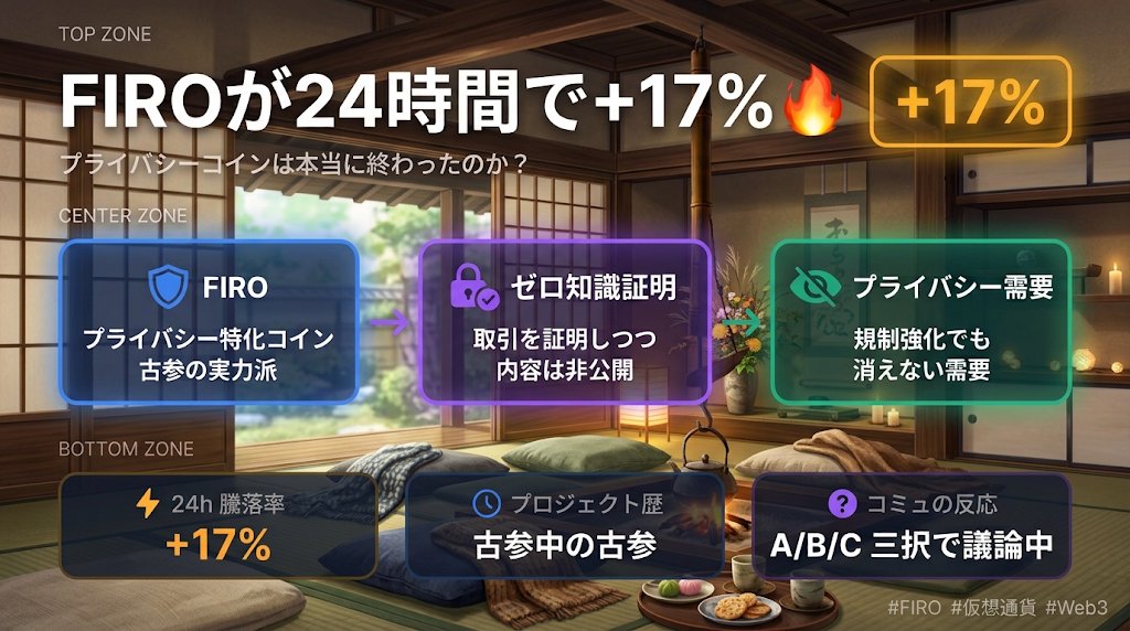 kn6954's tweet photo. FIROが24時間で+17%……
これ見て「あ、まだいたんだ」って思った人もいるんじゃない笑

プライバシー特化のコインで、ゼロ知識証明（取引を証明しつつ内容は非公開にする技術）の分野では古参中の古参。

規制の波が来るたびに「プライバシーコインは終わり」って言われてきたのに、こういう動きが出る。これが面白い。

どう見る？

#FIRO #仮想通貨 #Web3