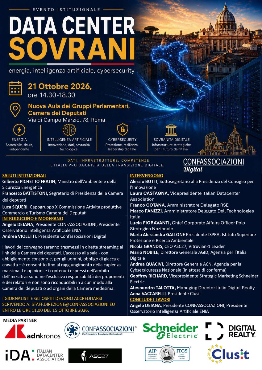 AngeloDeianaTW's tweet photo. Vi aspettiamo il #21ottobre alla Camera dei Deputati per una #straordinaria #iniziativa di @ConfAssTW Digital su "Data Center #sovrani: #Energia #IA #cybersecurity" con un #parterre di #personaggi super #top..
  
#Confassociazioni #laretedellereti #datacenter #AI #futuro #esserci https://t.co/9dU6OgX4BU