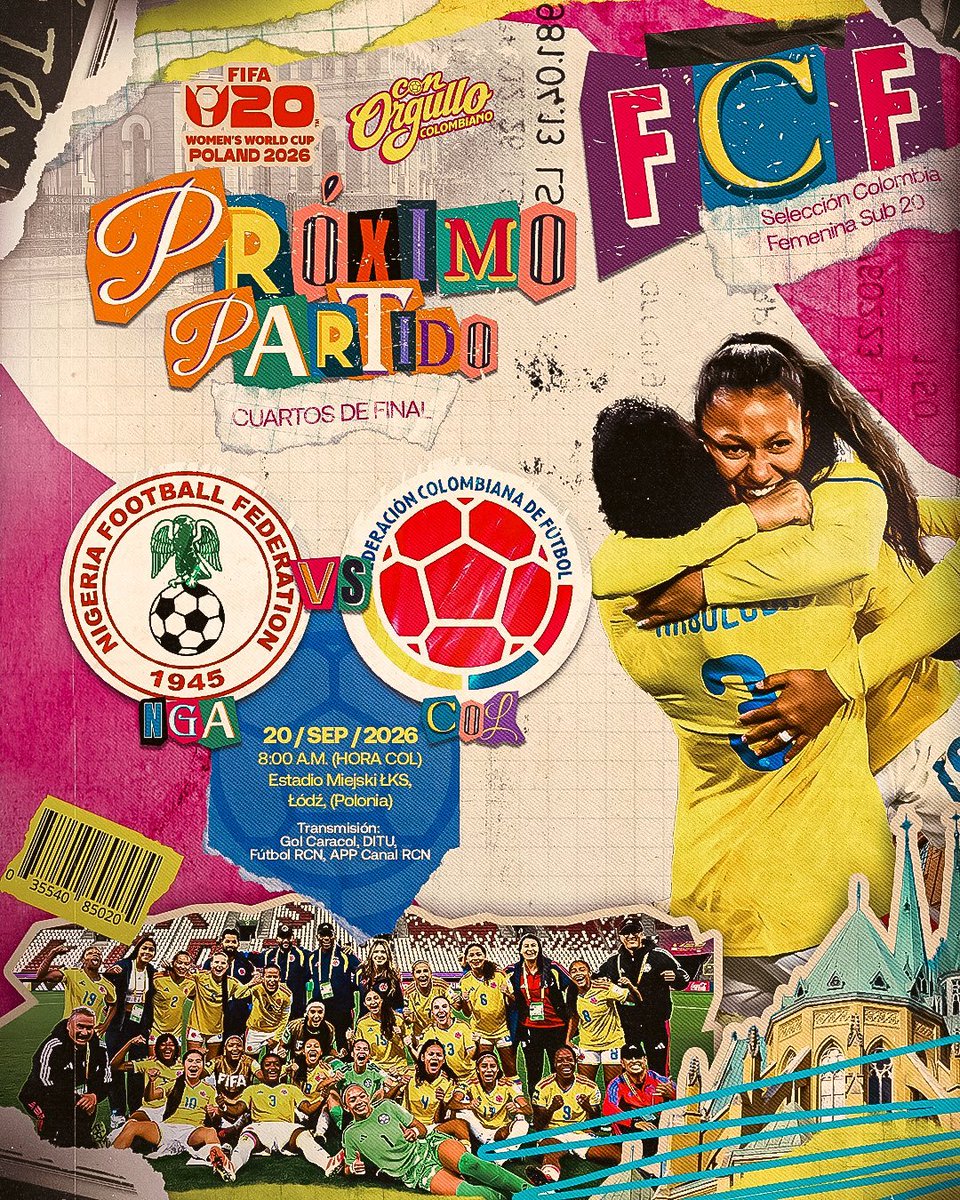 _superpoderosas's tweet photo. 🔜 ¡POR UN CUPO A SEMIFINALES! 🔥

Colombia 🇨🇴 enfrentará a Nigeria 🇳🇬 por los Cuartos de Final del Mundial Femenino Sub-20 ⚽️🏆🇵🇱.

📅 Domingo, 20 de septiembre
🕙 8:00 a.m.
🏟 Estadio Miejski LKS, Lódź
📺 Gol Caracol, Ditu, App Canal RCN, Fútbol RCN

📸 @FCFSeleccionCol https://t.co/0bXIbGULpc