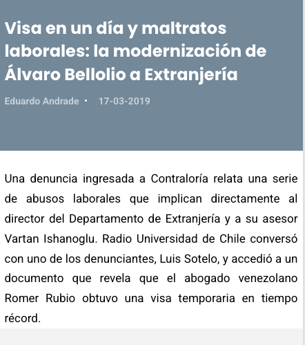 IvnTamayo13's tweet photo. @CarolinaCa54354 @narbonachile "Rubio apenas había ingresado a Chile el 22 de octubre del 2018 y esa misma semana se sumó a las labores. Él se jactaba mucho y un día llegó y dijo: ‘Me dieron mi visa en un día’."
https://t.co/WTaMsDcDpF https://t.co/MLyhrHzX5I
