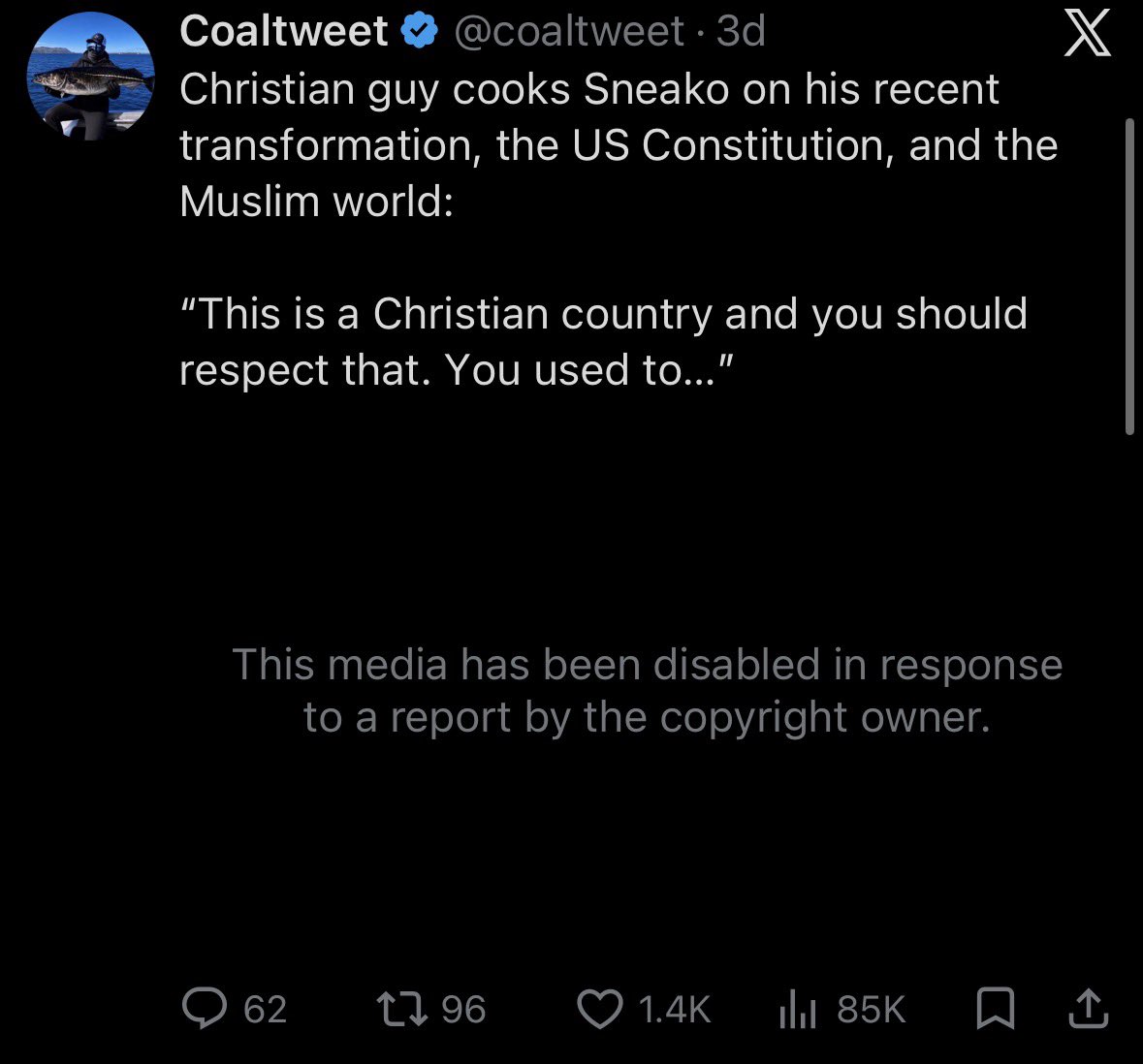 AloggedGroyper's tweet photo. Former GAY PORNOGRAPHER turned Muslim larper, @sneako copyrights an innocent European clipper (@coaltweet). Curiously, the clip in question is of a Christian SCHOOLING Snegro. Could this attack be motivated by his hatred of God given his homosexual past? Release the #SneakoFiles https://t.co/QnqGSZ3Qsu
