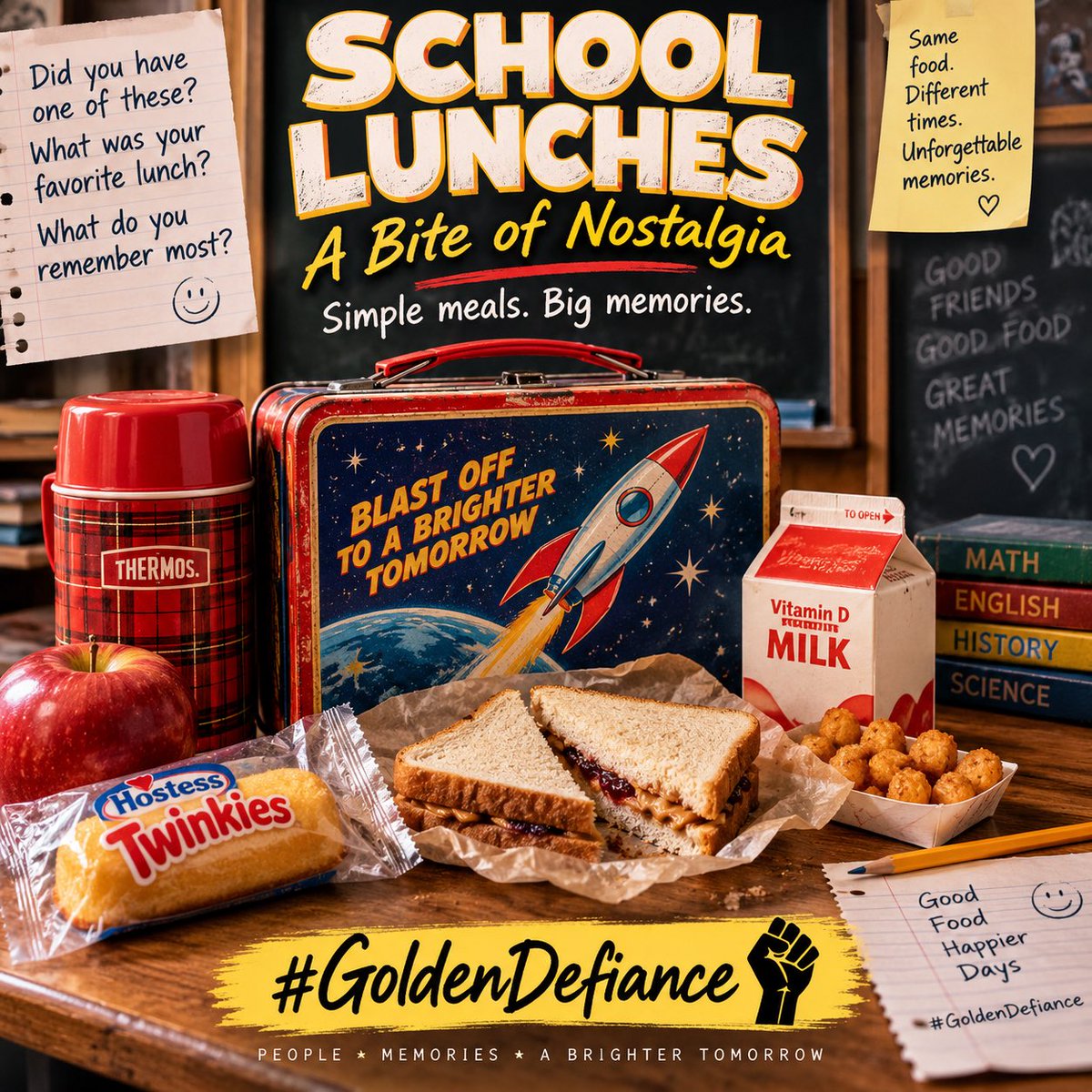 prismentllc's tweet photo. 🥪 What was your favorite school lunch back in the day?

Cafeteria pizza?
 PB&amp;J?
 Packed lunch?
 Milk carton?

What takes you right back?

#GoldenDefiance✊ SchoolLunches

Reply:
 And yes… there was always one lunch everybody dreaded. 😄 https://t.co/gZFH8ckuXQ