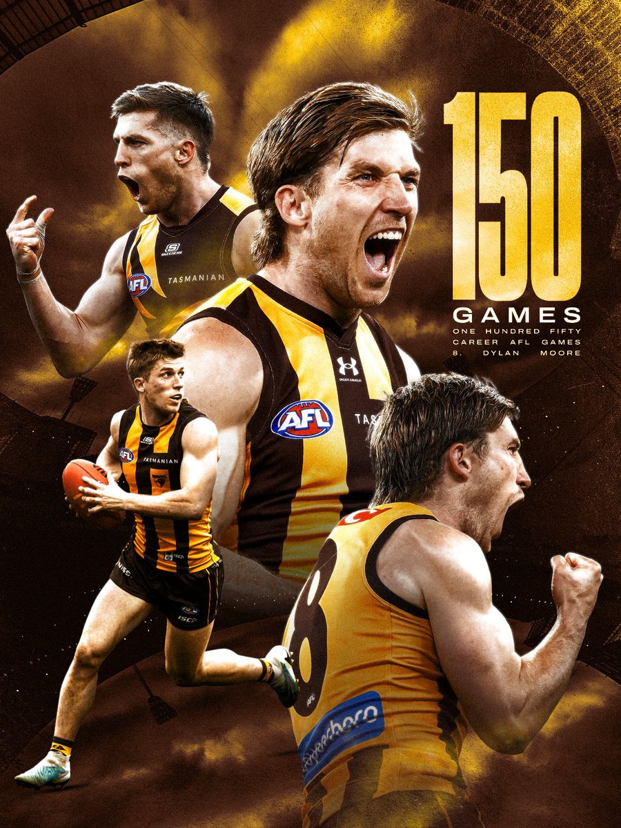 HawthornFC's tweet photo. What a journey ⭐️

Dylan Moore will line up for game 150 tomorrow https://t.co/4OHzsDa0uG