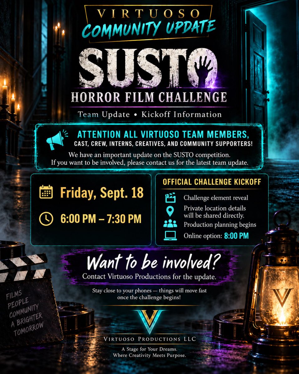 VirtuosoActs's tweet photo. The SUSTO Horror Film Challenge kicks off Friday, Sept. 18 from 6:00–7:30 PM.
#SUSTO #SUSTOHorrorFilmChallenge #VirtuosoProductions #ElPasoFilm #ElPasoFilmmakers #ElPasoCreatives #915Film #915Creatives #HorrorFilm #IndieFilm #FilmChallenge #CastAndCrew #BehindTheScenes https://t.co/u87Cx5Ap9B