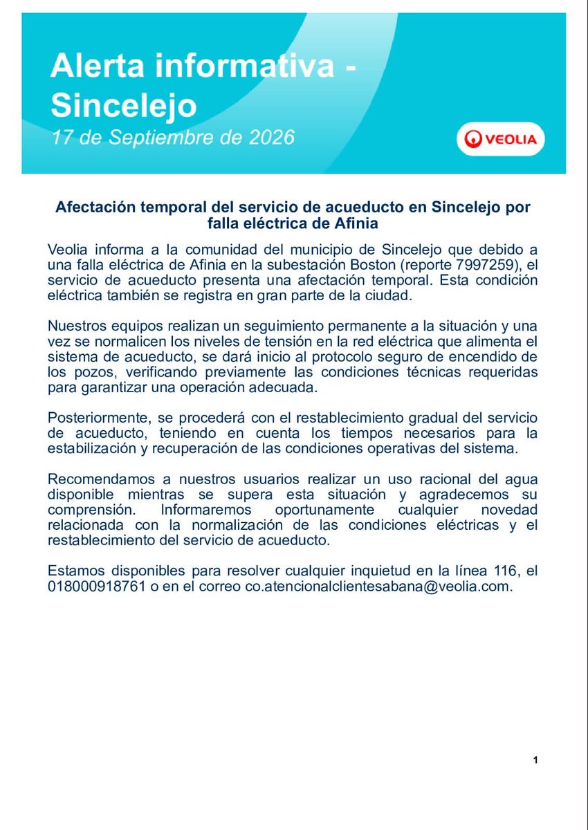 VeoliaSabana's tweet photo. Debido a una falla eléctrica de Afinia en la subestación Boston, el servicio de acueducto en Sincelejo presenta una afectación temporal. El servicio se restablecerá de forma gradual una vez se normalice la energía. Recomendamos un uso racional del agua. 💧 #Sincelejo https://t.co/KuUWmJD6kV