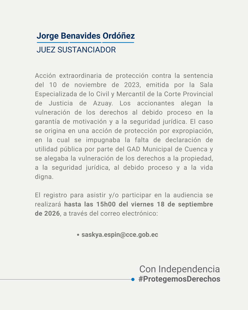 CorteConstEcu's tweet photo. #AudienciaPúblicaCC | El juez sustanciador Jorge Benavides Ordóñez presidirá la audiencia pública telemática del Caso 99-24-EP.

Conoce más AQUÍ ⬇️
https://t.co/tuKGjhYlRf

Con Independencia, #ProtegemosDerechos. https://t.co/HwAxrQYoUW