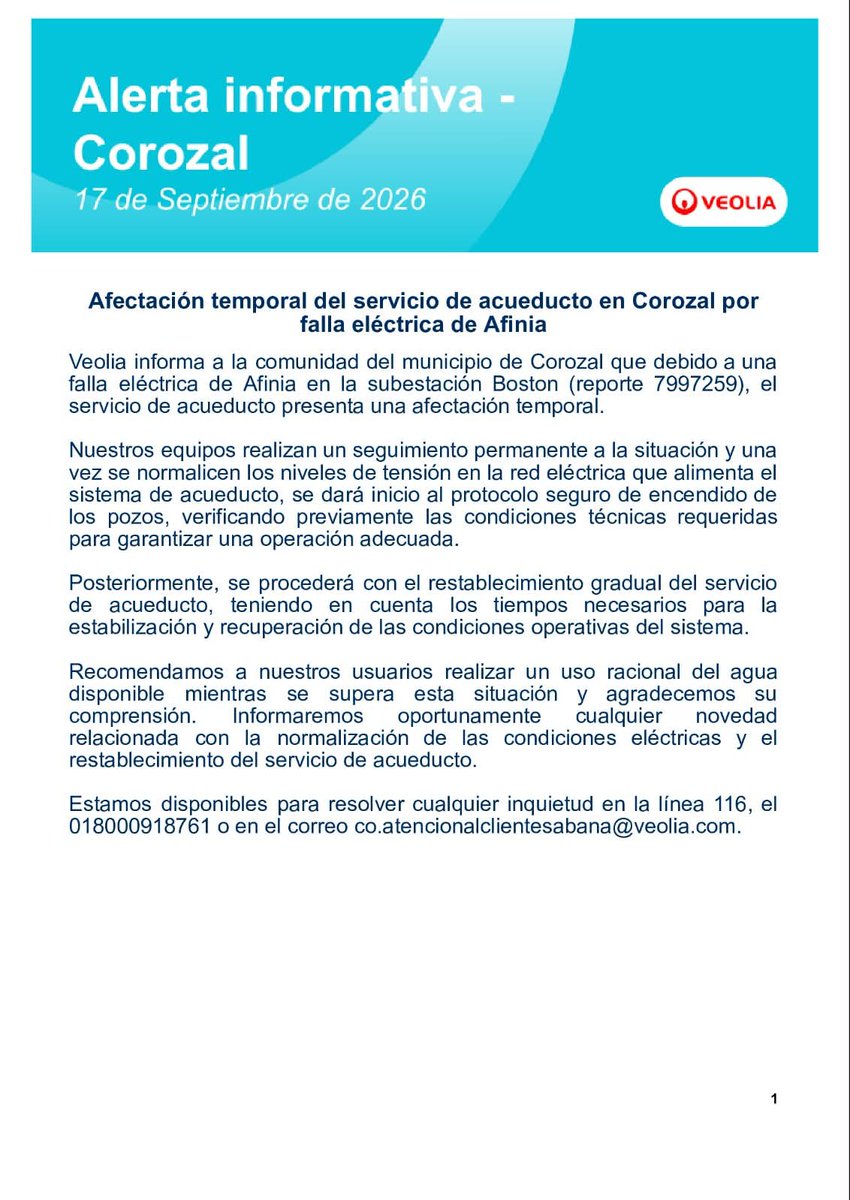 VeoliaSabana's tweet photo. Debido a una falla eléctrica de Afinia en la subestación Boston, el servicio de acueducto en Corozal presenta una afectación temporal. El servicio se restablecerá de forma gradual una vez se normalice la energía. Recomendamos un uso racional del agua.  #Corozal https://t.co/WBoJFjlny9