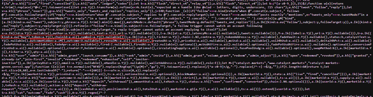 LastToSign's tweet photo. What is @CatalystMkts_?

Based on the site’s public JS code, event schemas and demo scenarios, it appears to be a hybrid between a prediction market and an automated token-buying mechanism

Two networks are already included in the configuration:

> Robinhood Chain with USDG
> Base with USDC

Markets can be built around three types of actions on X:

> an account posts a specific phrase
> follows another account
> replies to another account

For posts, the system can track either an exact match or a mention of the specified phrase 
It can monitor tweets, replies or both

The likely flow:

> users buy the token of a specific market in advance
> the specified event happens on x
> the market’s capital is used to buy a selected asset
> the purchased asset is distributed among holders

In the code, the event outcome is described as a buy action with a token address and network

Even more interesting, the asset being purchased can remain hidden

The outcomeHidden and revealMc fields, along with the demo scenarios, suggest that the target asset may only be revealed once a certain market cap is reached

This means users could trade the expectation of an event without knowing which token the system will buy once it happens