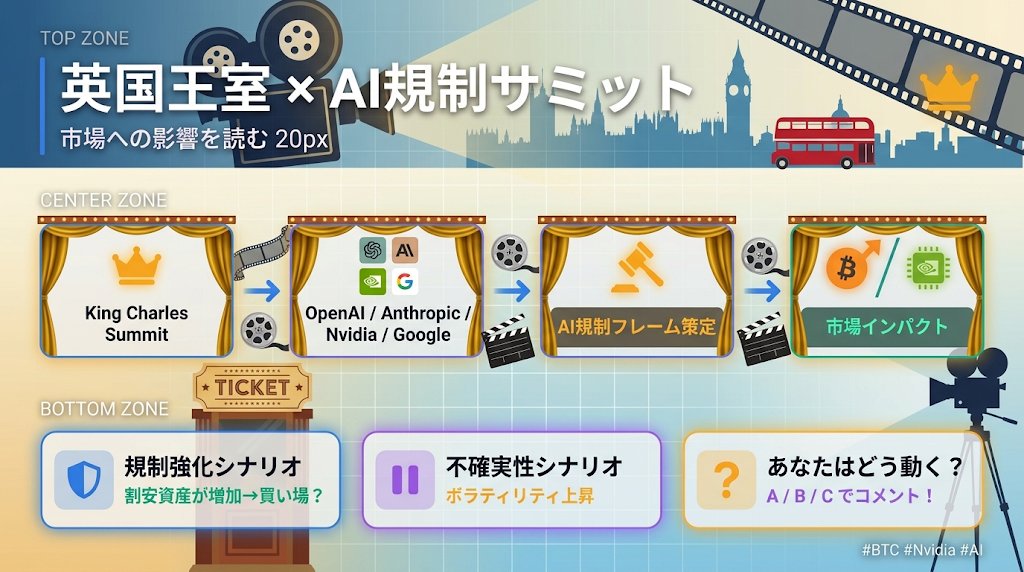 kn6954's tweet photo. チャールズ国王がOpenAI・Anthropic・Nvidia・Googleを召集してAIサミット開催。

…王室がAI規制の舞台に立つ時代、来ましたね👀

単なるセレモニーじゃなくて、各国政府がテック企業を「もう放置できない」と判断し始めたサインですね。

AIが暗号資産市場を動かす時代、ルール次第でNvidiaの株価もBTCの動きも変わってくる。

あなたはAI規制、投資チャンスになると思いますか？

#仮想通貨 #Web3 #AI #BTC #Nvidia