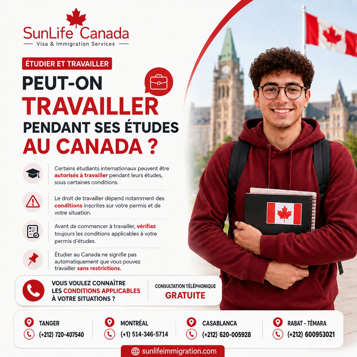 VisaduCanada's tweet photo. 🇨🇦 Peut-on travailler pendant ses études au Canada ? 
🎓Oui, mais sous certaines conditions liées à votre permis d’études. 
🎁 Consultation téléphonique gratuite avec SunLife Canada pour faire le point sur votre situation.

#EtudierAuCanada #PermisDEtudes #ImmigrationCanada https://t.co/VEGCunu20o