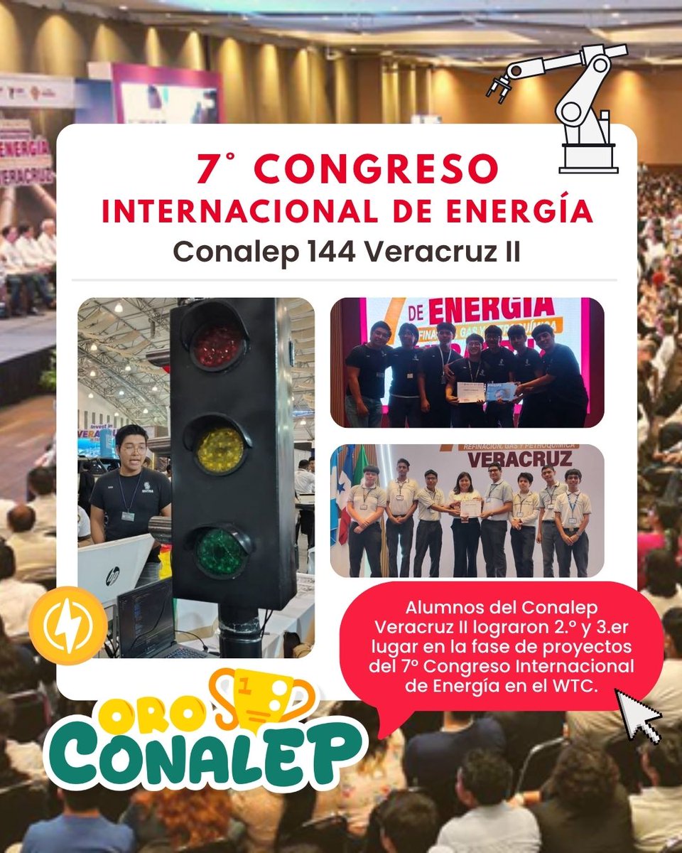 CONALEP_Mex's tweet photo. #OroCONALEP🏆
Alumnos y alumnas del Conalep 144 Veracruz II participaron en el 7° Congreso Internacional de Energía en el WTC, obteniendo 🥈 2.º y 🥉 https://t.co/GmUoQEFCUb lugar en la fase de proyectos.
👏 ¡Muchas felicidades! #OrgullosamenteCONALEP. https://t.co/gizy0WzRcC