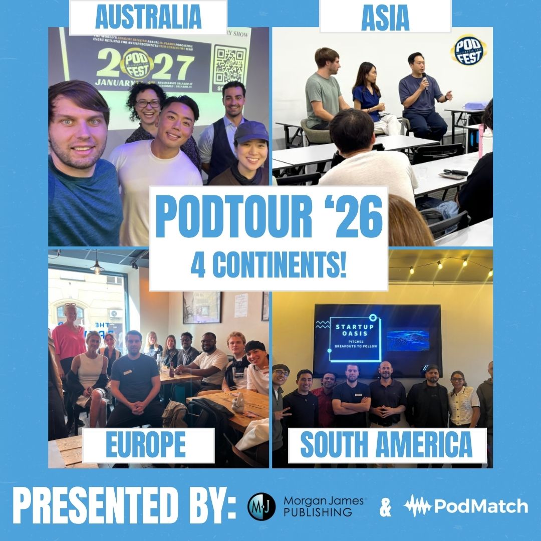 podfestexpo's tweet photo. We're proud to announce our 2026 #Podtour has officially been to NOT ONE, NOT TWO, NOT THREE, but FOUR CONTINENTS this year!

Thanks to Robb Maddox and Startup Oasis for helping to host these various events around the world!
⁠
Also thank you to @podmatch_com and @morganjamespub for being our Podtour Partners as we love helping podcasters and content creators grow and monetize their brands no matter where they're located!

Can't wait to see everyone again soon in January in Orlando for our 13th annual event where we dive deeper into audience growth, A.I., monetization, and more!
⁠
#podcasters #podcastevents #podtour26 #podfam #podcastingevents