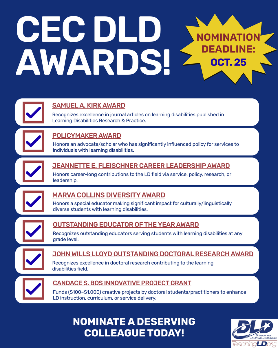 TeachingLD's tweet photo. It's that time of year again! 

Nominate a deserving colleague for one of our CEC Division for Learning Disabilities Awards! Recipients will be recognized during the annual @CECMembership conference in Ohio.

📅 Nominations are due October 25!

🔗 https://t.co/GVAPZnUfg0 https://t.co/KuELtU01jE