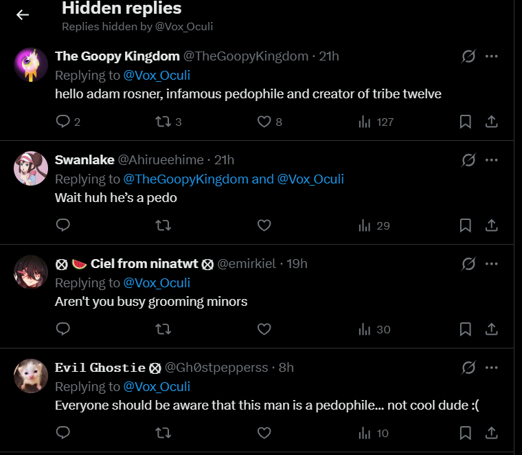 funnyfishfriday's tweet photo. "Vox" is actively hiding replies calling him Adam / referencing grooming. https://t.co/mG26DFse5W