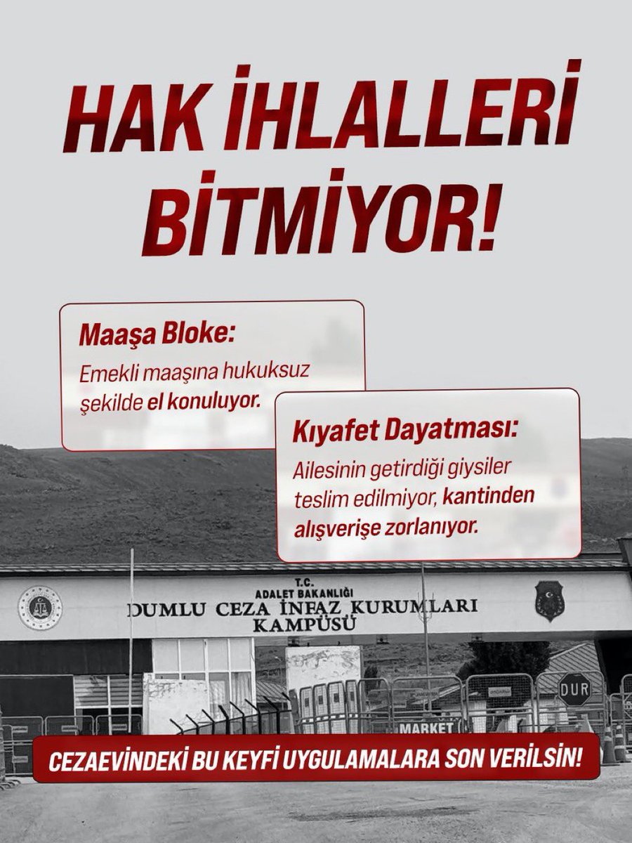 ManisaFh45's tweet photo. HAK İHLALLERİ BİTMİYOR!

Maaşa Bloke: Emekli maaşına hukuksuz şekilde el konuluyor.

Kıyafet Dayatması: Ailesinin getirdiği giysiler teslim edilmiyor, kantinden alışverişe zorlanıyor.

#YargıEliyleZulüm
Cezaevleri BacasızSanayi
AlparslanHocaya KıyafetZulmü https://t.co/eK04v6wIqc