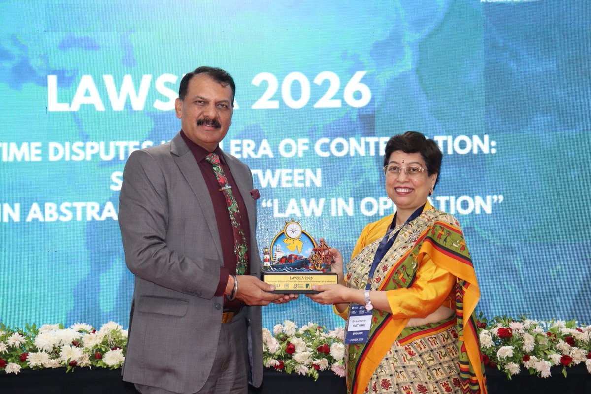 nmfindia's tweet photo. Professional Session Six of #LAWSEA2026 concluded with a Felicitation Ceremony, with Admiral Dinesh Kumar Tripathi, PVSM, AVSM, NM, IN (Retd), Chairman, National Maritime Foundation and former Chief of the Naval Staff, felicitating the speakers and moderator of the session — Commodore Jai Bedi, IN, Dr Madhumita Kothari, and Mr Martin Egknud Petersen. A fitting close to a session that explored dispute management beyond the courtroom in the Indo-Pacific.

#LAWSEA2026 #IndoPacific #NationalMaritimeFoundation