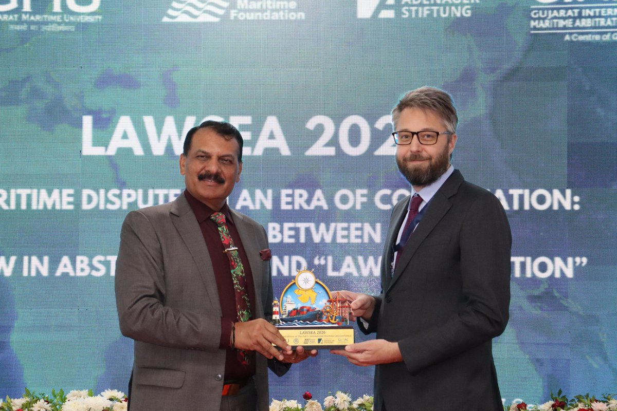 nmfindia's tweet photo. Professional Session Six of #LAWSEA2026 concluded with a Felicitation Ceremony, with Admiral Dinesh Kumar Tripathi, PVSM, AVSM, NM, IN (Retd), Chairman, National Maritime Foundation and former Chief of the Naval Staff, felicitating the speakers and moderator of the session — Commodore Jai Bedi, IN, Dr Madhumita Kothari, and Mr Martin Egknud Petersen. A fitting close to a session that explored dispute management beyond the courtroom in the Indo-Pacific.

#LAWSEA2026 #IndoPacific #NationalMaritimeFoundation
