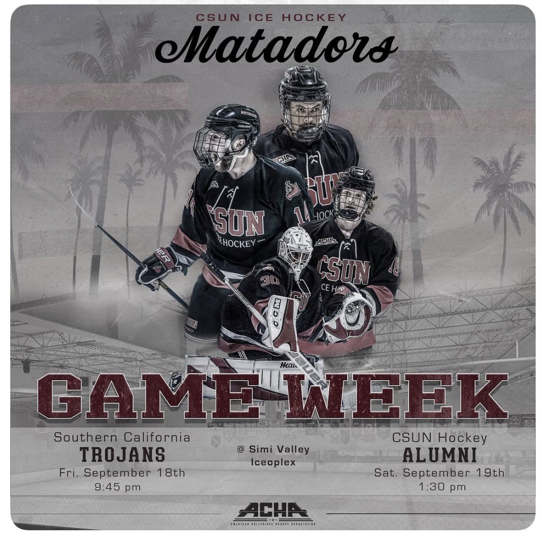 CSUNIceHockey's tweet photo. Come out this week to see your Matadors take on the USC Trojans this Friday - 9:45pm
Saturday weβll have our CSUN Alumni game - 1:30-3:30pm.
See you at the Iceoplex!
#csunicehockey #matadorpride #theredcapesarecoming #alumniweekend https://t.co/hPEYZ8fRzc