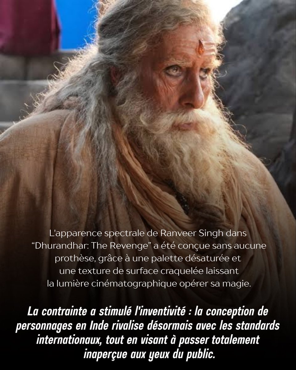 IndiaembFrance's tweet photo. À une époque dominée par l'IA et les prouesses numériques, les transformations les plus convaincantes à l'écran naissent toujours de mains humaines.

Les créateurs de prothèses indiens maîtrisent tout le processus — moulage sur le vif, fabrication des moules, travail du silicone, implantation de poils et superposition des teintes — et étudient l'anatomie faciale pour que l'accessoire ne se contente pas d'avoir l'air vrai, mais bouge de manière réaliste ; la moindre entrave à l'expression briserait instantanément l'illusion.

L'apparence spectrale de Ranveer Singh dans *Dhurandhar: The Revenge* a été conçue sans aucune prothèse, grâce à une palette désaturée et une texture de surface craquelée laissant la lumière cinématographique opérer sa magie.

La contrainte a stimulé l'inventivité : la conception de personnages en Inde rivalise désormais avec les standards internationaux, tout en visant à passer totalement inaperçue aux yeux du public.