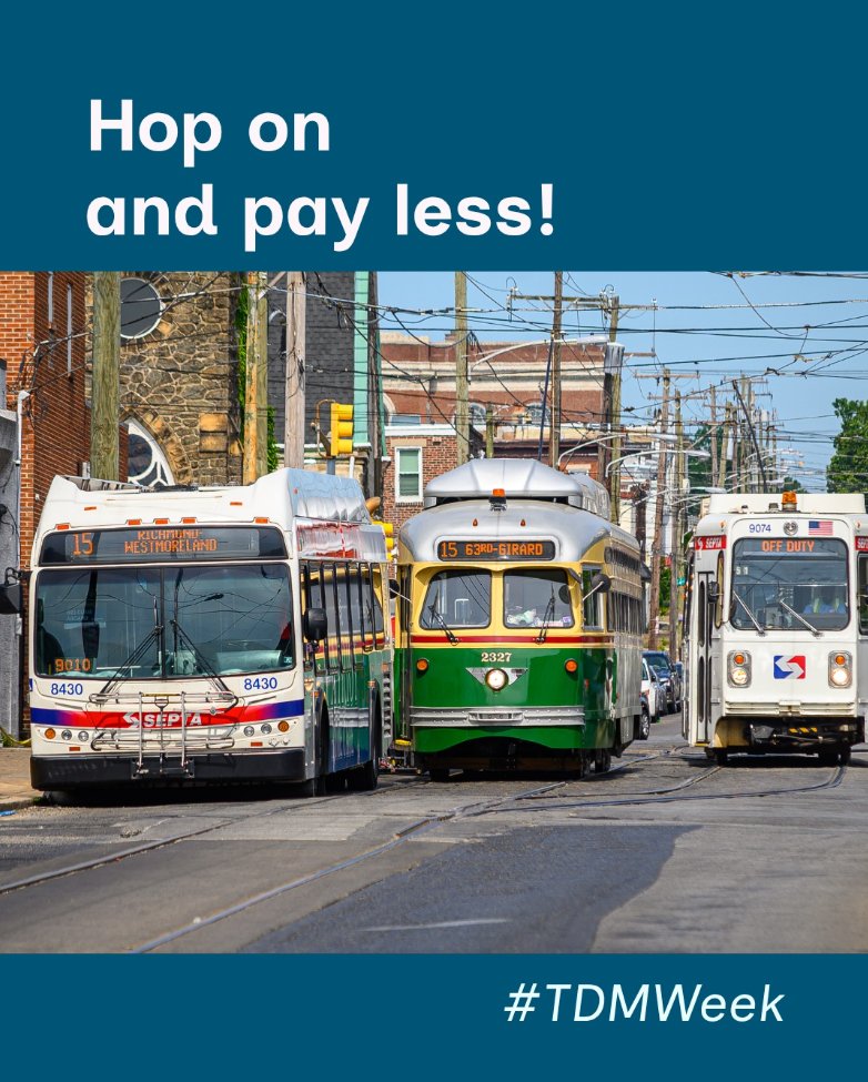 DC_TMA's tweet photo. Hop on &amp; pay less at the pump! 🚌 This #TDMWeek, put Transportation Demand Management in action by taking public transit. SEPTA buses, trains &amp; trolleys accept electronic payment, too!

Explore commuter services with DVRPC’s TripSmart PA: https://t.co/wCqrDl3mCj https://t.co/Lhed3nKRky