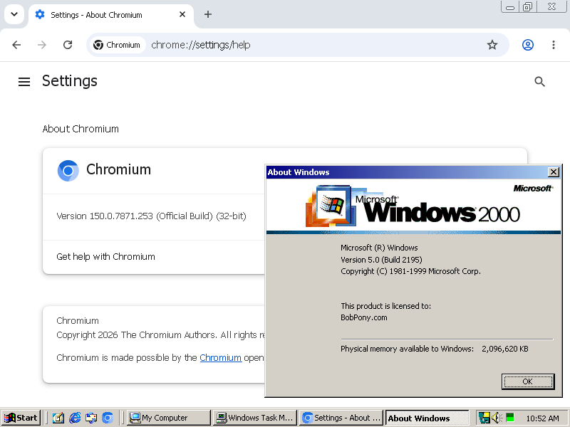 TheBobPony's tweet photo. Chromium version 150 backported to work on Windows 2000 RTM without any updates installed, no extended kernel required!
⚠️ A CPU with at least SSE2 instruction is required!
⚠️ Keep in mind, this Chromium for Windows 2000 project is currently closed source!
https://t.co/vy4ZCxwAlR https://t.co/ksJ8XQcyP0