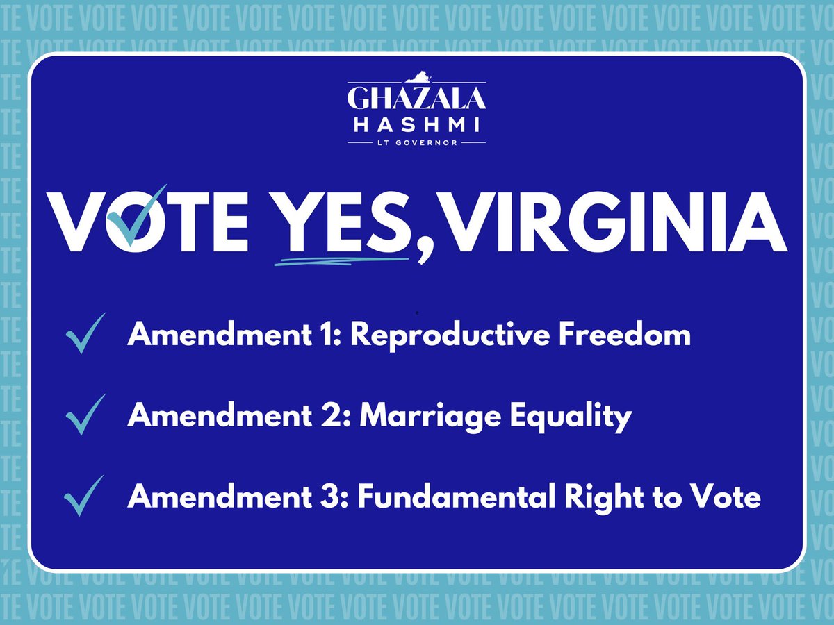 ltgovhashmi's tweet photo. Virginia, three critical constitutional amendments are on the ballot this November. Constitutional amendments are special: they require passage by two General Assemblies and then voters have a direct voice. Voting Yes gives you the power to protect rights for Virginians. https://t.co/nhZUdrDyNN