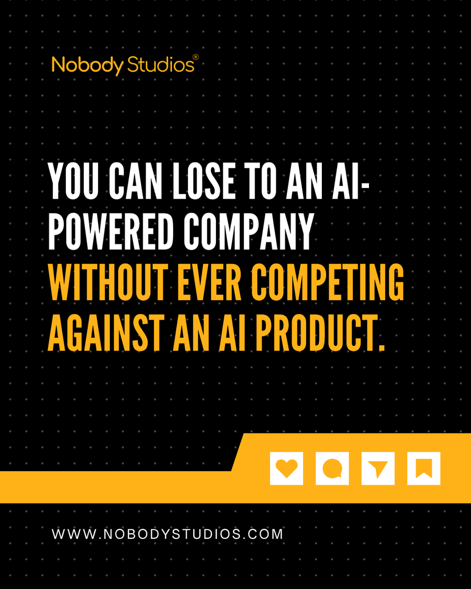 NobodyCrowd's tweet photo. You don't have to face an AI product to lose to AI.

Two startups can sell the exact same product, but the one using AI behind the scenes will:
• Test faster
• Operate leaner
• Learn quicker

An AI strategy isn't just about what you build, it's about how fast you scale.

#NS https://t.co/34QUkr4nxC