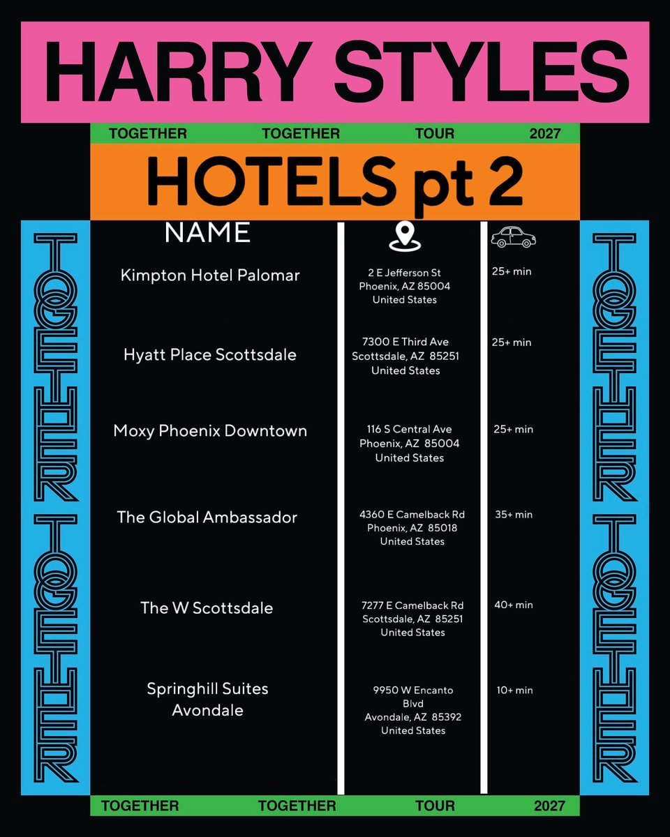 TogetherInAZ's tweet photo. Here is pt 2 of just SOME of our hotel recommendations if you’re coming from out of town to see Harry! 

#TogetherInAZ https://t.co/A3wm7vj57y