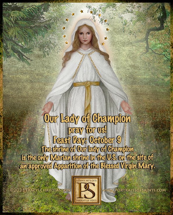 SaintPortraits's tweet photo. Our Lady of Champion, pray for us! Her message was to teach the children their faith. A long history of miraculous events, conversions, physical healings &amp; preserving the holy shrine grounds fm/the infamous Peshtigo fire. https://t.co/UiiLQCjzJU https://t.co/Pw8pcwg0jk