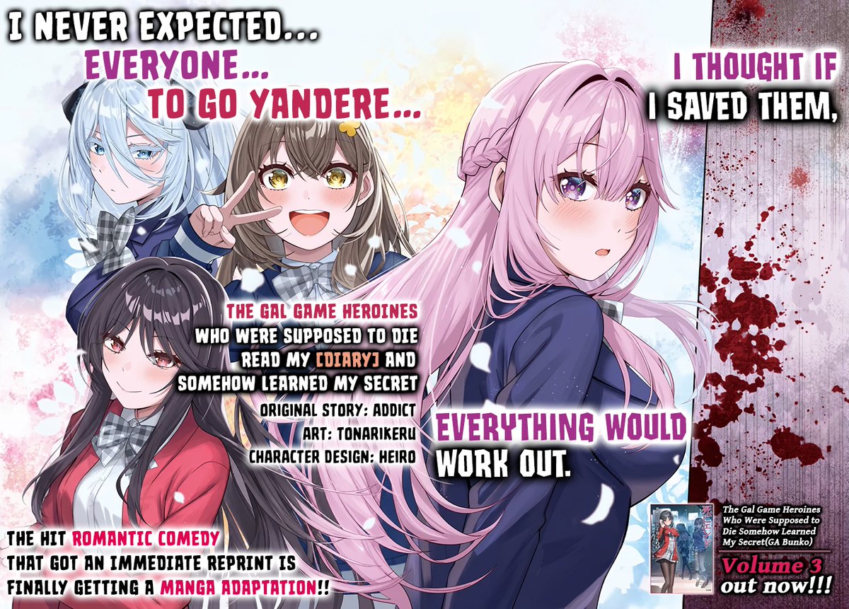 KushiKuritikaru's tweet photo. First chapter of “Shibou End o Kaihi Shita Gyarugee no Hiroin-tachi ga Ore no [Nikki-chou] o Yonde Himitsu o Shitta Rashii” has been translated/scanned 

I reincarnated as Iriya Satoshi, a mob character in a gal game world. But for some reason, the heroines are worshipping me?! And to make matter worse, every single one of them is a complete yandere...

The actual protagonist is right there, so why are they all coming after me?! By the way... where did my [Diary] go?