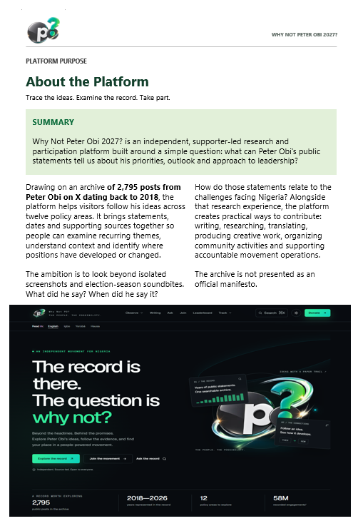 jayhemz's tweet photo. Friends, a new horizon is upon us.

Take a look at the concept behind the Why Not PO? platform. The link to the full document is attached in the comment section below.

A few of you have asked about how you can get involved. It's answered in the document.

The document also contains features of the platform, where everyone, regardless of tribe and tongue can peer into the mind of @PeterObi, see his consistency over the years, and volunteer to take the message of a new Nigeria to all the crannies of the nation.

Because come to think of it, WHY NOT PETER OBI?

Tell your neighbour, "WHY NOT PETER OBI?" If someone want's to argue with you, tell the person, "WHY NOT PETER OBI?"

This is volunteer-led, and all expenses so far have been from personal pockets. As we countdown towards full launch this weekend, we need all the help we can, on and offline, to spread the word.

Trust me, the word remains, "WHY NOT PETER OBI?" Flyers with only these words will be printed to spread this good news.

If you're looking to partner as an individual or organization, please reach out to me.

Follow these links for WNPO updates:

X: @WhyNotPO27 

Whatsapp channel: https://t.co/p0HYSKa8gm
Telegram Channel: https://t.co/hv2TNlENjE

Finally, kindly tag your favourite influencers. Mine are: @Wizarab10, @HarmlessHQ, @Emarged, @ChuksEricE, @neo_officialll, @OurFavOnlineDoc, @Unabombaar, @TheAjakeManger, @trigottista, @UchePOkoye, @dammiedammie35, @DONJAZZY, @mrmacaroni