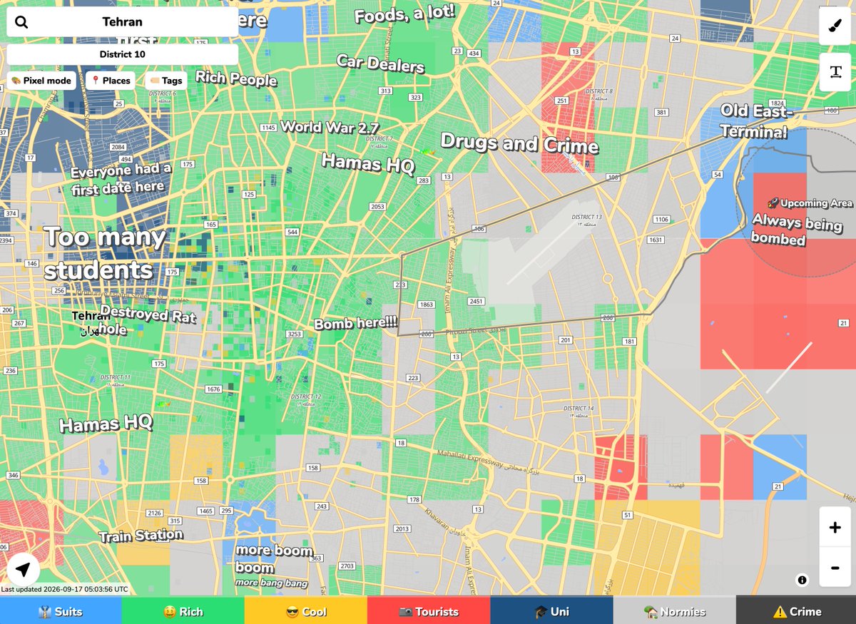 bobycloud's tweet photo. امروز داشتیم پایتخت کشورهارو توی hoodmaps میدیدیم، هرکسی پایتخت کشورش و محله‌هاش رو نشون میداد، تا اینکه رسید به پایتخت ایران، تهران بزرگ. 
چیزهایی که توی hoodmaps برای محله‌های تهران نوشته بودن: 
Bomb here
Hamas HQ
World War 2.7
More boom boom https://t.co/MPFIoTfDZm