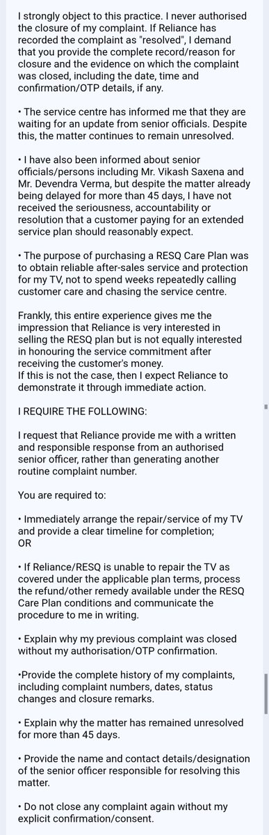 Satyam_Parihar_'s tweet photo. @RelianceDigital @RelianceResQ I bought a TV with a RESQ Plan, but my service issue has been unresolved for 45+ days. Service centre says they’re awaiting senior approval. Either repair my TV immediately or provide the applicable refund as per the plan terms.#RESQ #ConsumerRights https://t.co/AntDSfQIRy