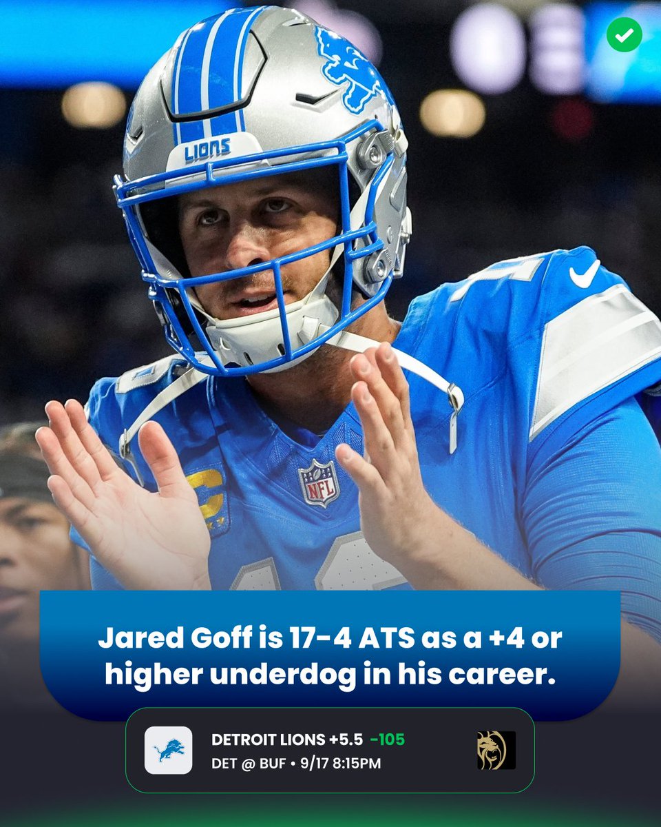 ActionNetworkHQ's tweet photo. Jared Goff is 17-4 ATS as a +4 or higher underdog in his career. 

The Lions are up to +5.5 at the Bills tonight 👀 https://t.co/PeXMESUVM6