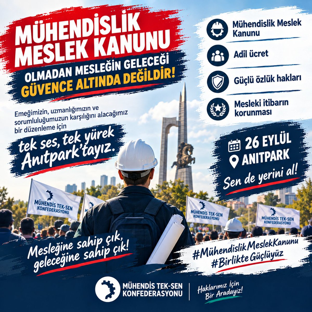 setti25's tweet photo. 📢 Mühendislik Meslek Kanunu olmadan mesleğin geleceği güvence altında değildir!

Emeğimizin, uzmanlığımızın ve sorumluluğumuzun karşılığını alacağımız bir düzenleme için tek ses, tek yürek Anıtpark'tayız.
26 Eylül'de sen de yerini al! #KamuMühendisleriAnıtParkta https://t.co/c0laeX6LDM