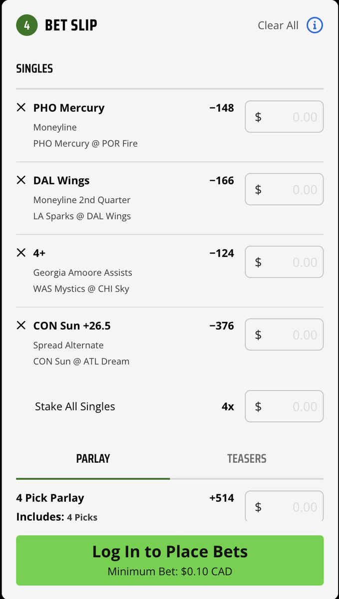 WCPickss's tweet photo. 20% 4 Leg +400 Min WNBA Parlay (If you have 3 leg +300 min remove Suns Leg +385)

+514 (+617) = 14.3% EV (FV +527) | 0.3u (4 Leg)
+385 (+500) = 23.2% EV (FV + +388) | 0.6u ( 3 Leg)
 
Link to betslip below in replies https://t.co/3HFK5Wf5Ey