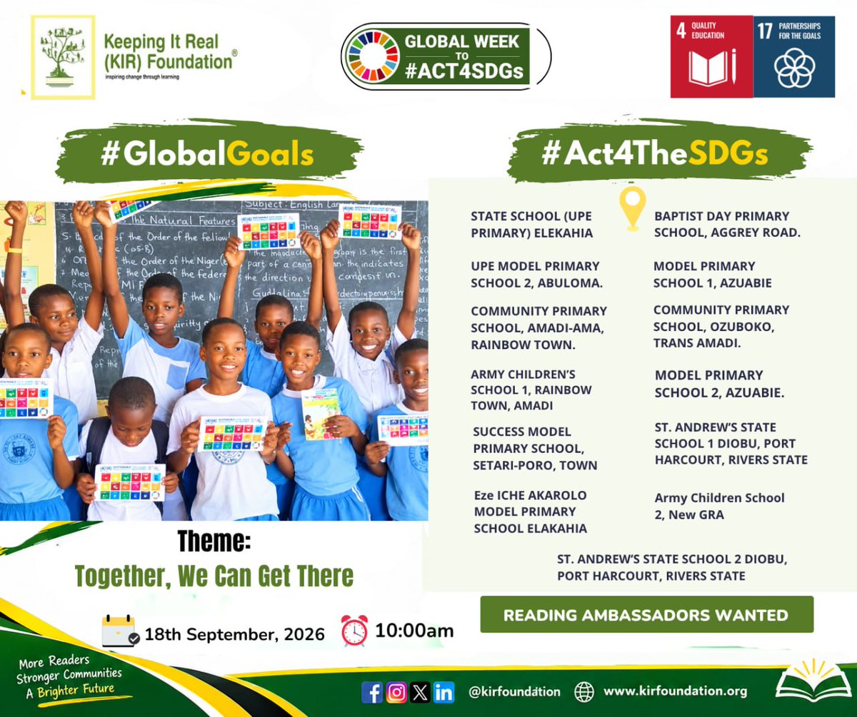 kirfoundation's tweet photo. 📚 ONE HOUR CAN CREATE POSSIBILITIES FOR A CHILD!

This Friday, KIR Foundation Reading Ambassadors return to 13 public primary schools in Port Harcourt for the Global Goals!

🎯 2026: 150 volunteers | 5,500 children
Open possibilities: https://t.co/IAQ9pVWHMz

#SDG4 #GlobalGoals https://t.co/Ti9hQmrUwm