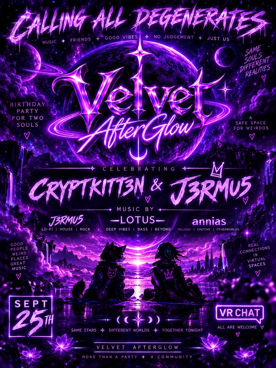 djannias's tweet photo. Celebrating several dope friends making another journey around the sun in a week! Join us on September 25th in @VRChat for good friends and good music!

Featuring:

J3RMU5
LOTUS
ANNIAS

& probably an afterparty / open decks for whomever gets inspired

#rave #annias #earthside #j3ru5 #lotus #cryptkitt3n #vr #VRChat #party #underground #bass #music