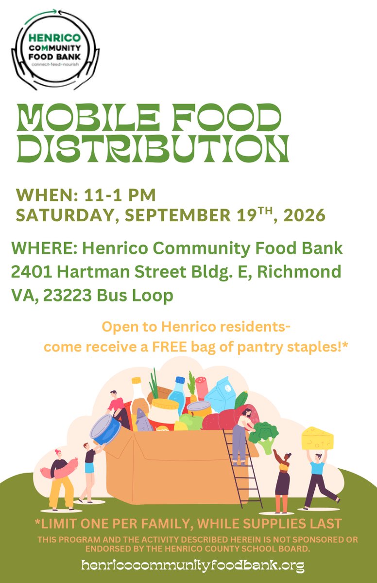 Mobile food distribution event on September 19th, 2026 from 11-1 PM, hosted by Henrico Community Food Bank, with free pantry staples for Henrico residents.
