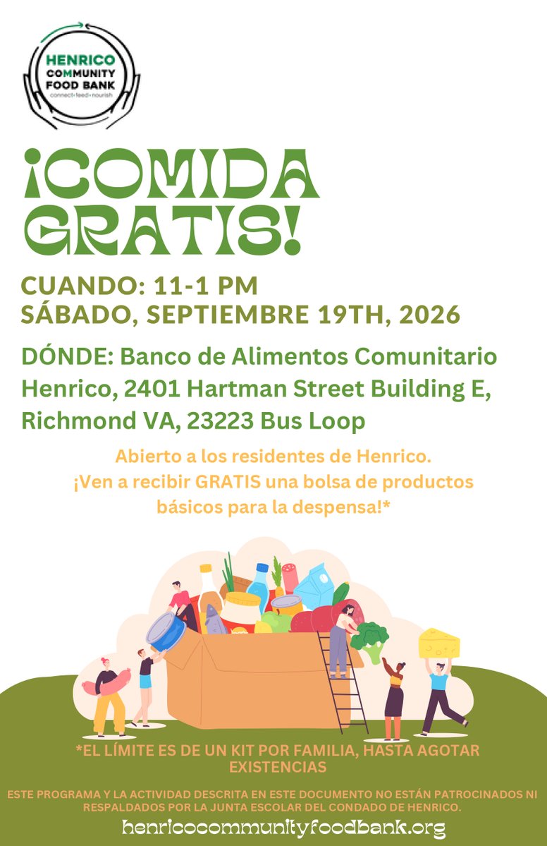 Spanish flyer advertising free food distribution event on September 19th, 2026, hosted by Henrico Community Food Bank at their location in Richmond, VA. 11 a.m. to 1 p.m. Features image of various food items in a cardboard box.