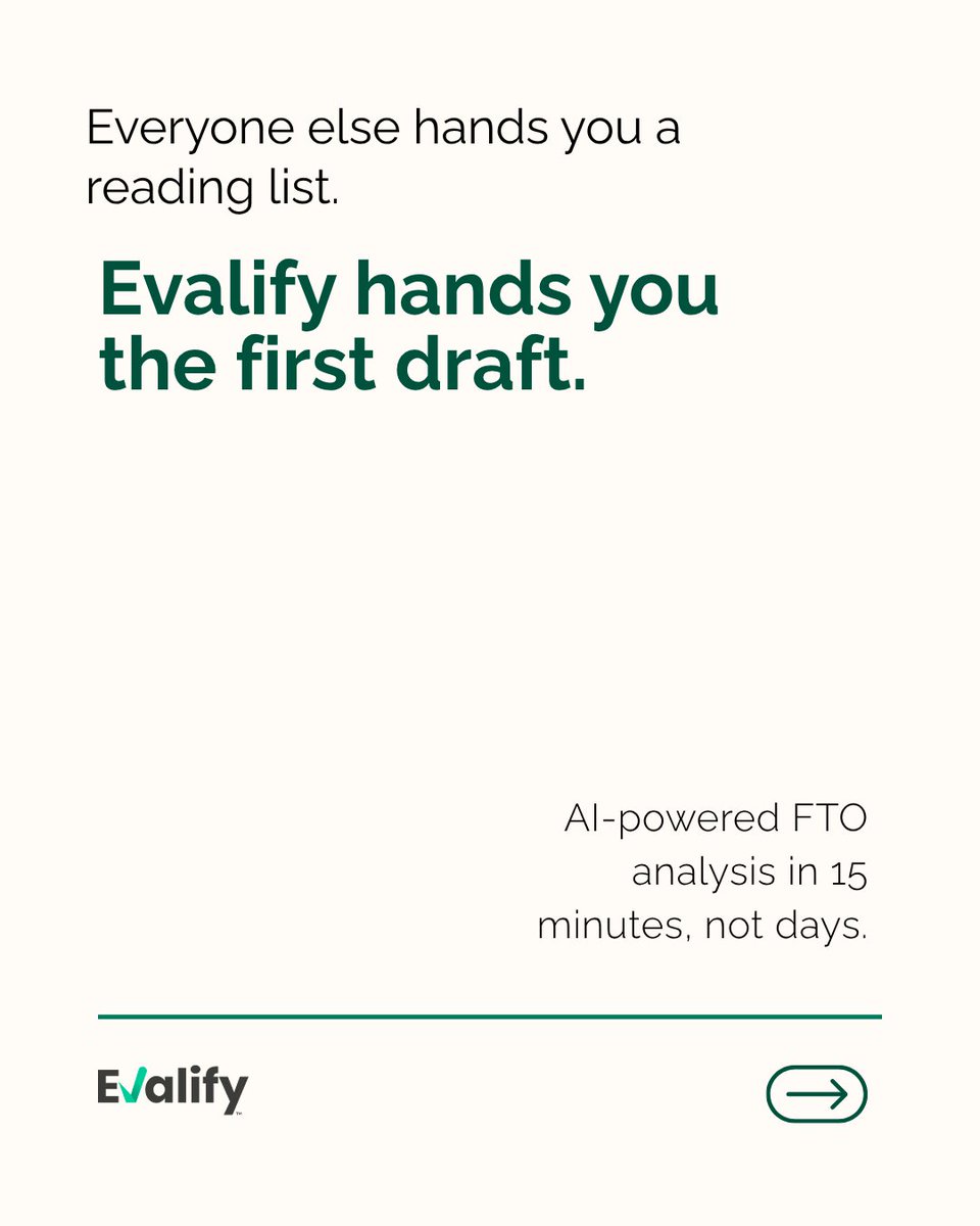 Evalifyai's tweet photo. Stop spending 20 hours reading patent mountains for an FTO.

#Evalify delivers a drafted first-pass analysis with claim charts in 15 minutes, giving IP attorneys a launchpad instead of a reading list.

The goal isn't to replace legal expertise—it's to get to the strategy faster. https://t.co/7WMS65HWS9
