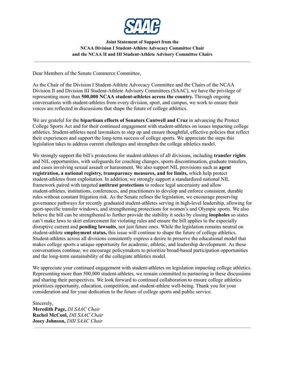 SenateCommerce's tweet photo. 🚨 Since introduction, the Protect College Sports Act has earned a broad coalition of support across the board:

✅ 32 collegiate athletic conferences
✅ More than 380 colleges and universities, including HBCU's, across all 50 states and Washington, DC
✅ NFL, MLB, NHL, NBA, NFLPA, NBPA, USOPC, Team USA AC, and the NGBC
✅ The American Football Coaches Association, the FBS Athletics Directors Association, and the National Association of Basketball Coaches

The PCSA also received a joint letter of support from SAAC, the Student Athlete Advisory Committee, which together represents half a million student athletes across the country.