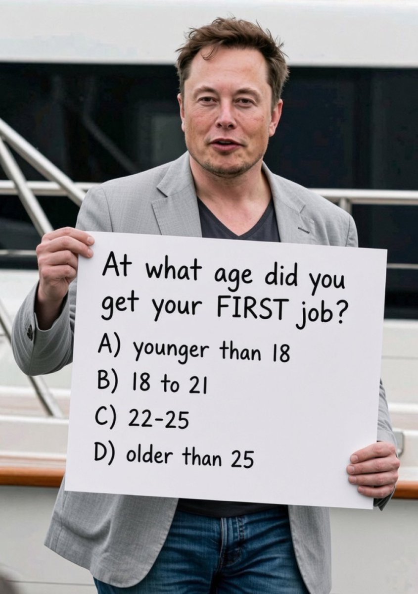 Musk_Teslao2's tweet photo. At what age did you get your FIRST job?

A) younger than 18

B) 18 to 21

C) 22-25

D) older than 25 https://t.co/qnd0AtzGAr
