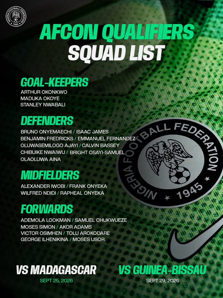 NGSuperEagles's tweet photo. 📋 Eric Chelle names squads for September and October 2026 Fixtures. https://t.co/W3zThCDUfE