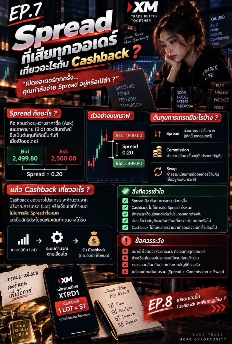 XMTRD1's tweet photo. EP.7 — Spread ที่เสียทุกออเดอร์ เกี่ยวอะไรกับ Cashback? 💸

เปิดออเดอร์ทุกครั้ง…คุณกำลังจ่าย Spread อยู่หรือเปล่า?

เวลาคุณเปิดออเดอร์ ราคาซื้อ (Ask) และราคาขาย (Bid) มักไม่ได้เท่ากัน ส่วนต่างระหว่างสองราคานี้เรียกว่า Spread

พูดง่าย ๆ คือ 👇

Bid ↔ Ask = Spread

ตัวอย่างเช่น
ถ้าราคา Ask สูงกว่าราคา Bid อยู่ 0.20
ส่วนต่าง 0.20 นั้นก็คือ Spread

และสิ่งที่เทรดเดอร์ควรสนใจคือ
Spread ไม่ใช่ตัวเดียวที่ต้องดู ยังมี Commission และ Swap ซึ่งอาจเกี่ยวข้องกับต้นทุนการเทรดด้วย ขึ้นอยู่กับประเภทบัญชีและผลิตภัณฑ์

แล้ว Cashback เกี่ยวอะไร?

บางโปรแกรมกำหนดเงินคืนโดยอ้างอิงจาก ปริมาณการเทรด (Lot) หรือเงื่อนไขที่กำหนด ไม่ได้หมายความว่า “Spread ที่จ่ายไปจะถูกคืนทั้งหมด”

ดังนั้นก่อนเข้าร่วมควรเช็กว่า
✅ Cashback คำนวณจากอะไร
✅ อัตราเท่าไร
✅ รายการเทรดไหนเข้าเกณฑ์
✅ มีเงื่อนไขหรือข้อจำกัดอะไร

จำง่าย ๆ:
Spread = ต้นทุนการเทรดส่วนหนึ่ง
Cashback = สิทธิประโยชน์ตามเงื่อนไขของโปรแกรม

👉 EP.8 — เทรดเยอะขึ้น Cashback จะเพิ่มตามไหม?

#Cashback #Spread #Forex #XAUUSD #Trading