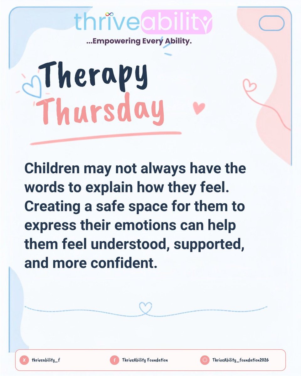 thriveability_f's tweet photo. Every emotion deserves to be heard. When children feel safe expressing themselves, they learn that their feelings matter and that they don't have to face difficult moments alone.
#TherapyThursday #EmotionalWellbeing #HydrocephalusAwareness 
#ChildDevelopment #DisabilityInclusion https://t.co/jEUTsWLx7g