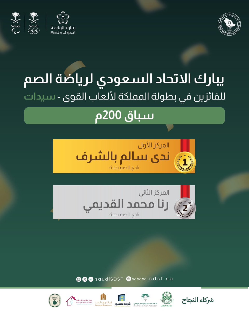 SaudiSDSF's tweet photo. 🏆 اختُتمت منافسات السيدات في بطولة المملكة لألعاب القوى للصم 2026، بعد منافسات شهدت حضورًا مميزًا وروحًا تنافسية عالية في مسابقات الميدان والمضمار. 🏃🏻‍♀️

نبارك لجميع بطلاتنا الفائزات، ونهنئ جميع المشاركات على ما قدمنه من أداء مميز. 🥇🥈🥉

#بطولة_المملكة_لألعاب_القوى_للصم https://t.co/rbU8gaWf21